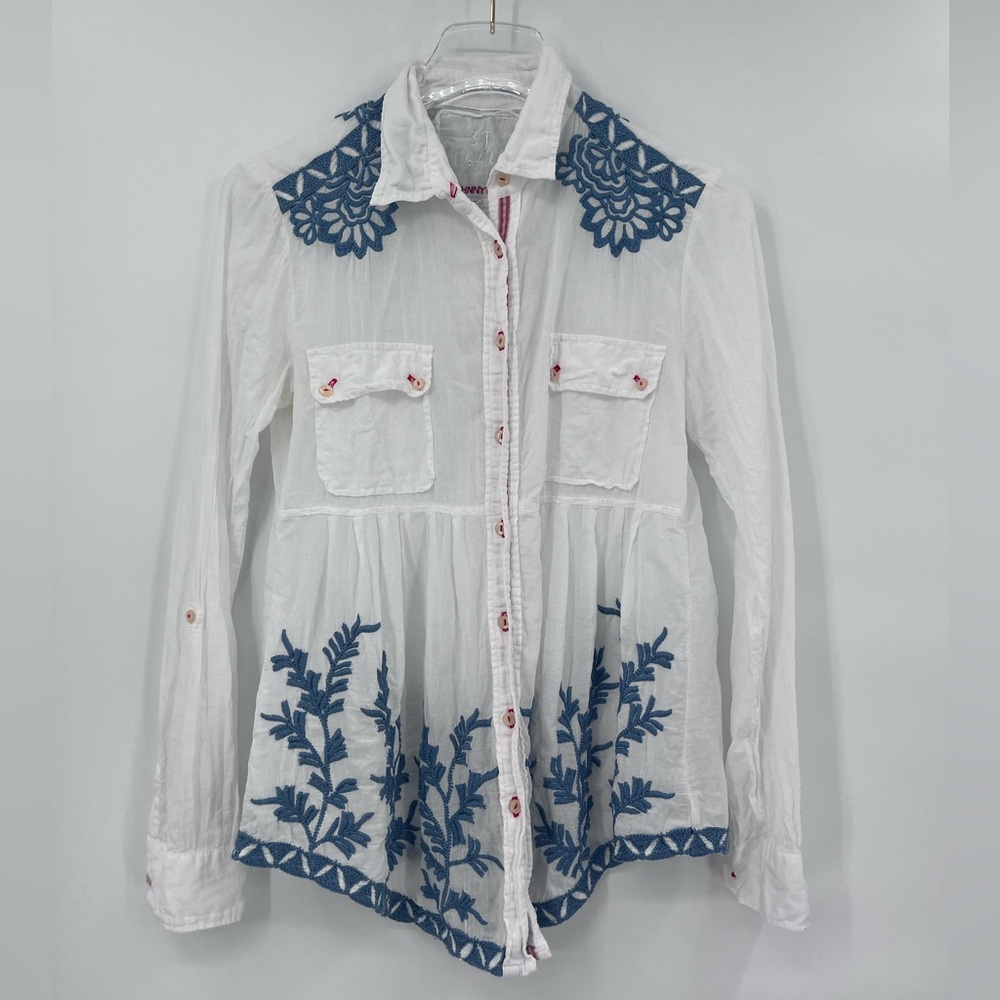 Johnny Was Toya Cotton Embroidered Button Down Blouse Size small